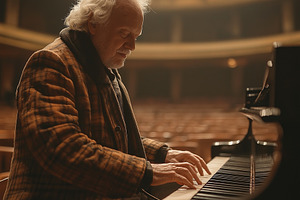 An elderly Caucasian man playing an elegant grand piano in a beautifully lit co, a Background Photo by ImageMir