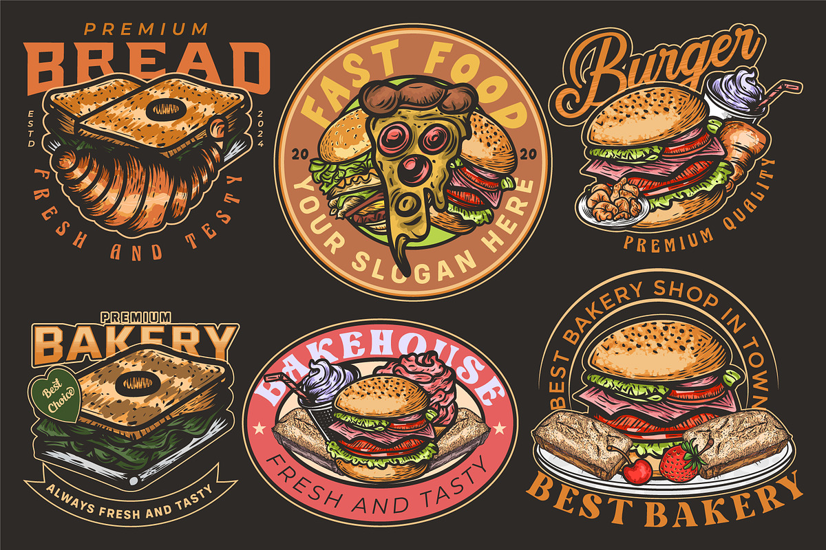 Pizza, Burger Vintage logo set, a Branding & Logo Template by Billah Hub
