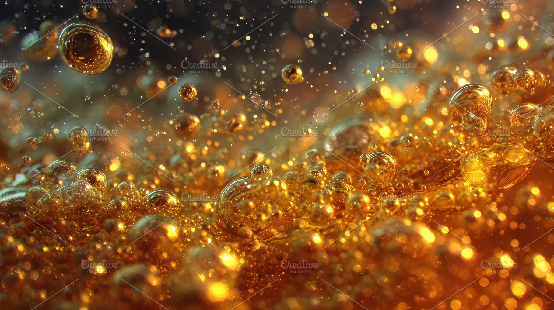 Golden liquid bubbles abstract backg, a Photo by Pixeness Studio