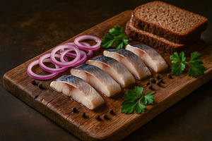 Sliced pickled herring with red onio, a Food & Drink Photo by professorinc