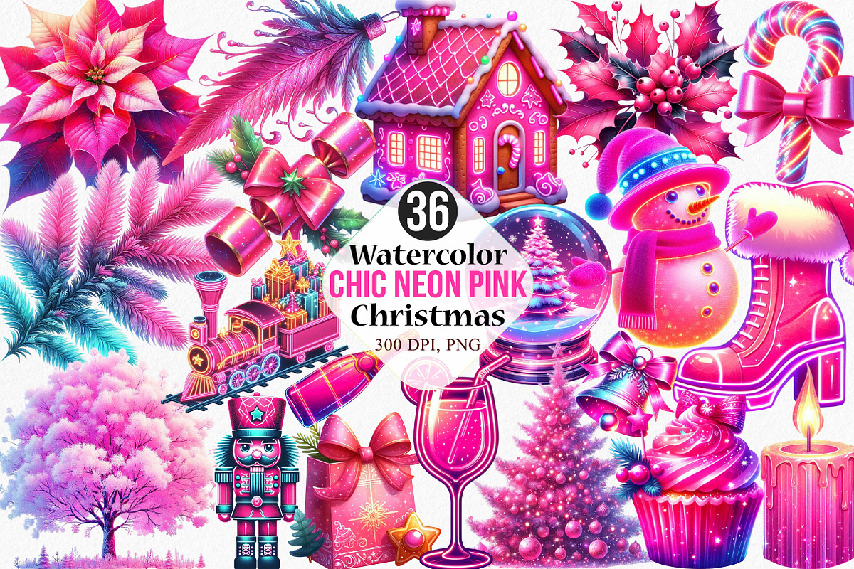 Chic Neon Pink Christmas Clipart, an Illustration by Canvas Craft (Photo 1 of 7)