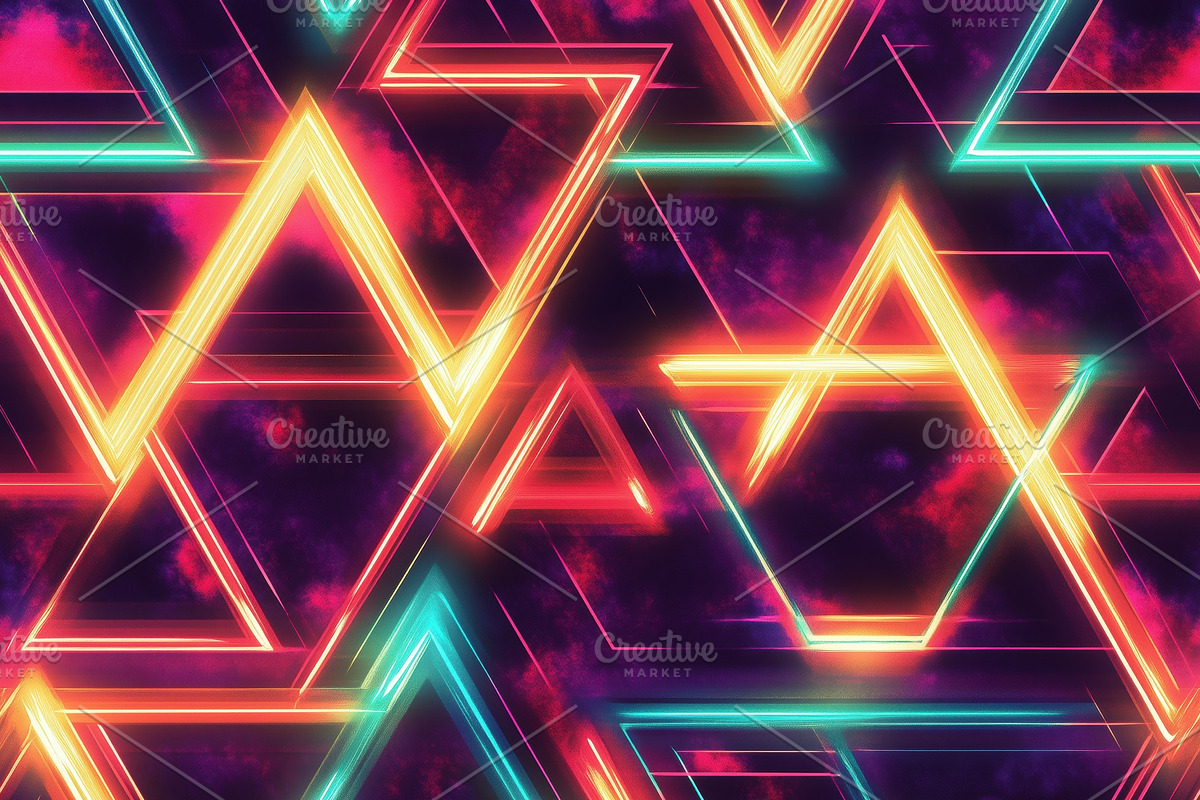 Seamless vibrant, abstract pattern featuring neon triangles and geometric shape, a Pattern Graphic by Textures & Backgrounds