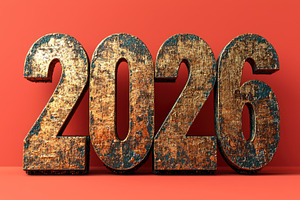 Rustic metallic 2026 numbers with weathered texture on bright re, a Background Photo by José Manuel Gelpi