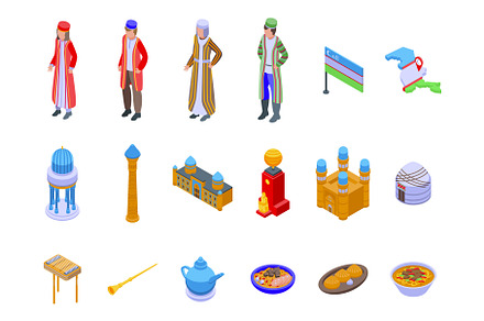 Uzbekistan icons set isometric, an Object Illustration by Ylivdesign