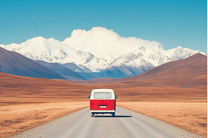 Red and White Van on Gravel Road, a Nature Photo by Lermont51