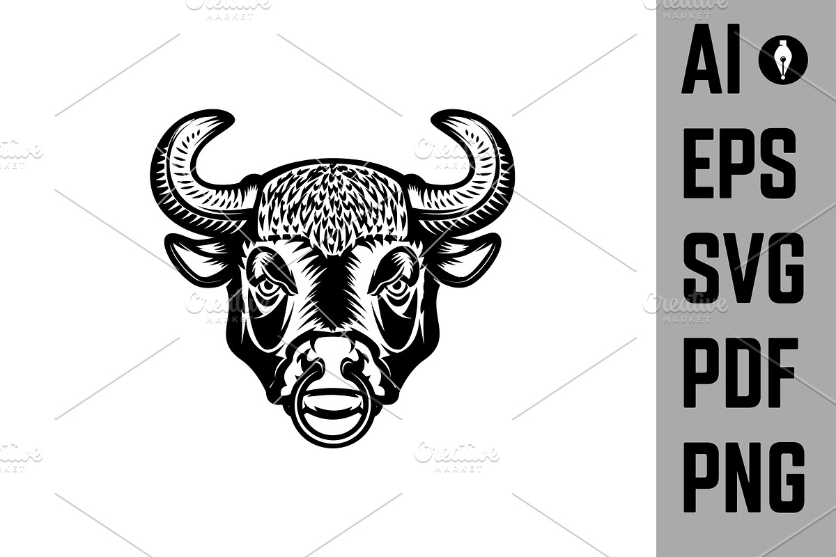 Set of bull heads isolated on white, an Animal Illustration by Vectorhight (Photo 2 of 4)