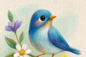 Little blue bird perched on a flowering branch, a cute fine art, a Decorative Illustration by Studio ANNA