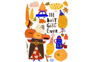 Cartoon Set With Cat, Pumpkins and