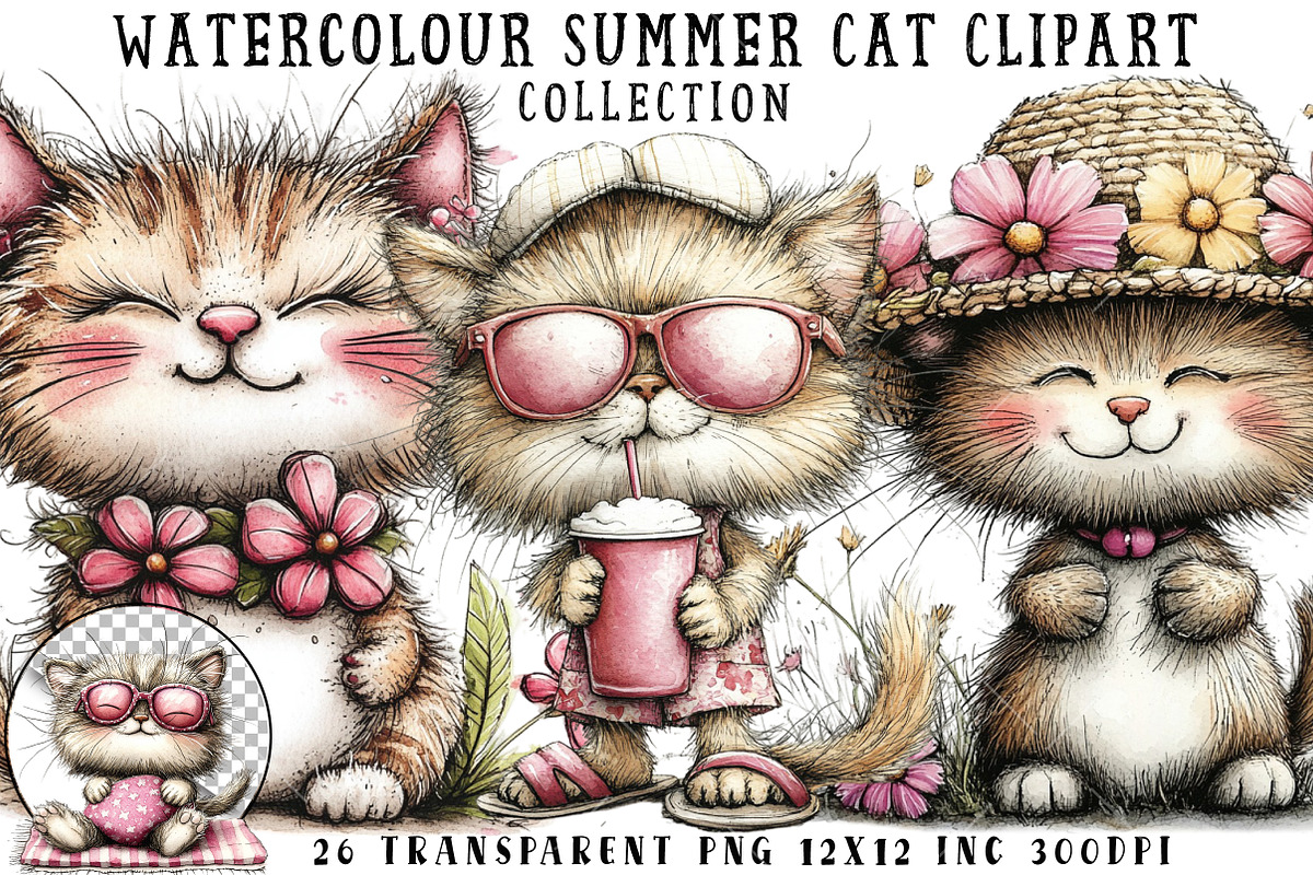 Watercolour Summer Cat Clipart, an Illustration by OK Design (Photo 1 of 6)
