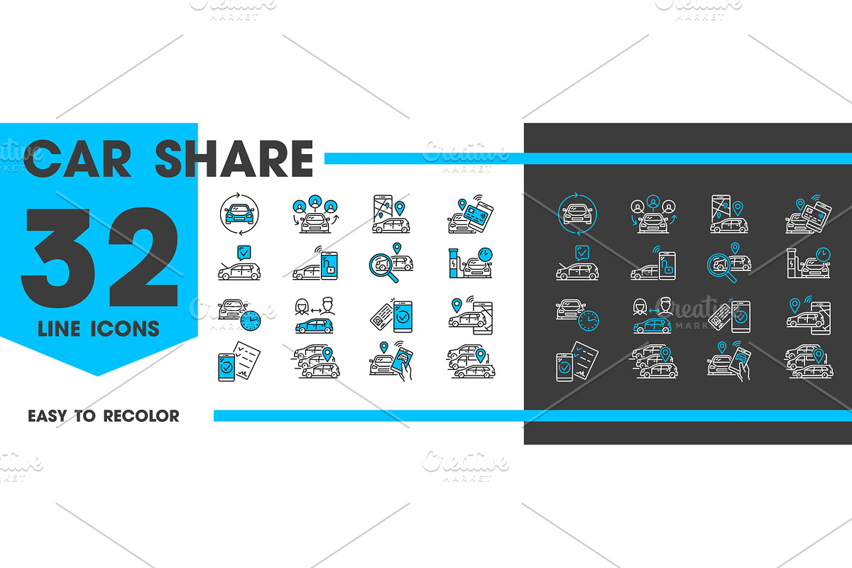 Car share service line icons, a Transportation Illustration by Vector Tradition