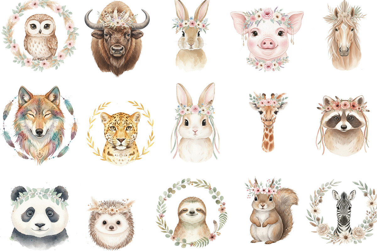 Boho Animal Portraits Watercolor, an Illustration by Designking (Photo 2 of 5)