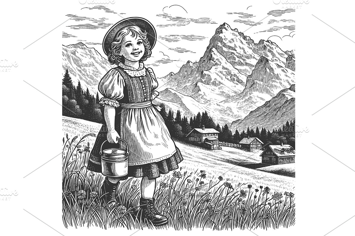 Girl on Alpine Mountain Meadow, a Person Illustration by AlexArt