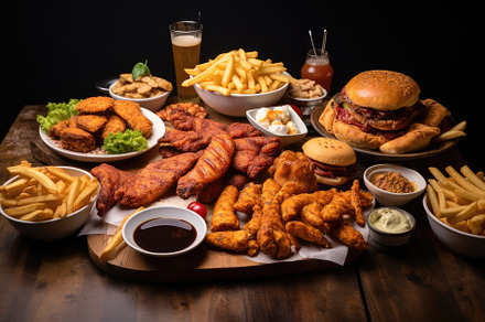 Assorted fast food including chicken, a Photo by Iftikhar Alam