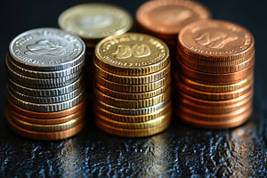 Stacked coins of various denominatio, a Photo by Tanuart