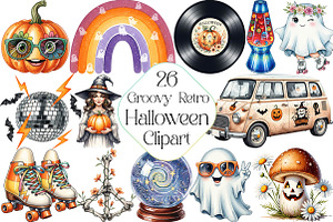 Groovy Retro Halloween Clipart, an Illustration by DreamPrint404