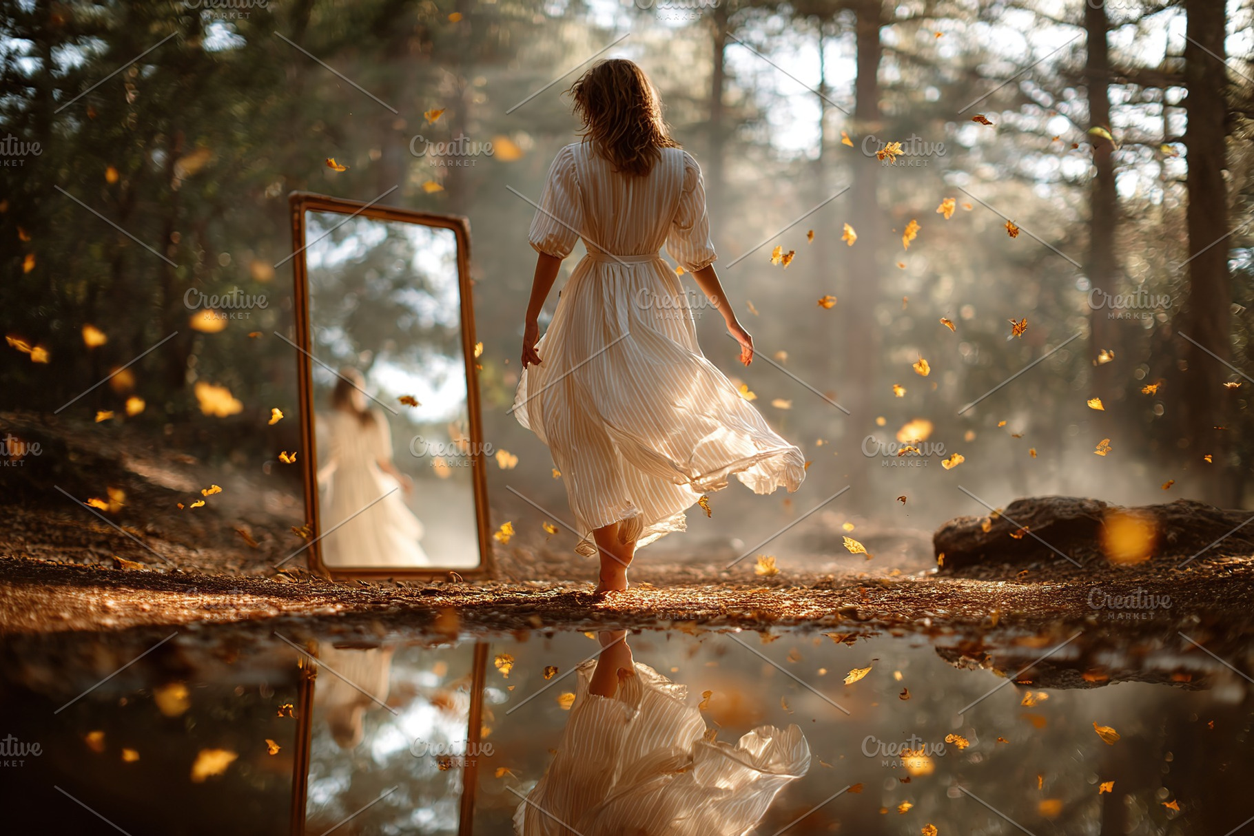 Woman walks through a misty forest reflecting in a mirror surrounded by falling, a Photo by AlyaAnd