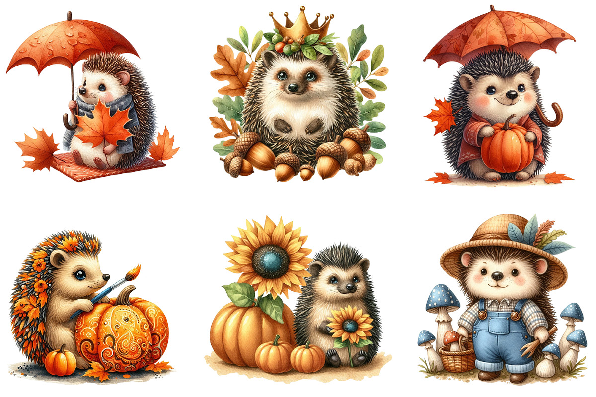 Autumn Hedgehogs Clipart, an Illustration by DreamArtGraphic (Photo 2 of 4)