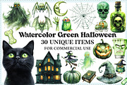 Watercolor Green Halloween Clipart, an Illustration by Craft Nest (Thumbnail 1 of 9)