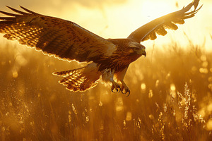 Hawk soars above golden field, wings, an Animal Photo by Pixeness Studio
