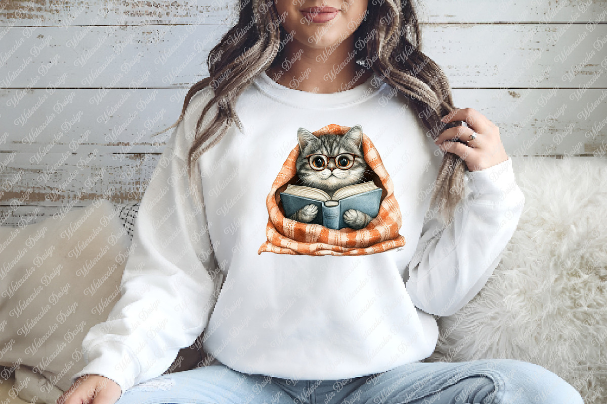 Cute Cat with Book Sublimation png, an Illustration by Watercolor design (Photo 9 of 11)