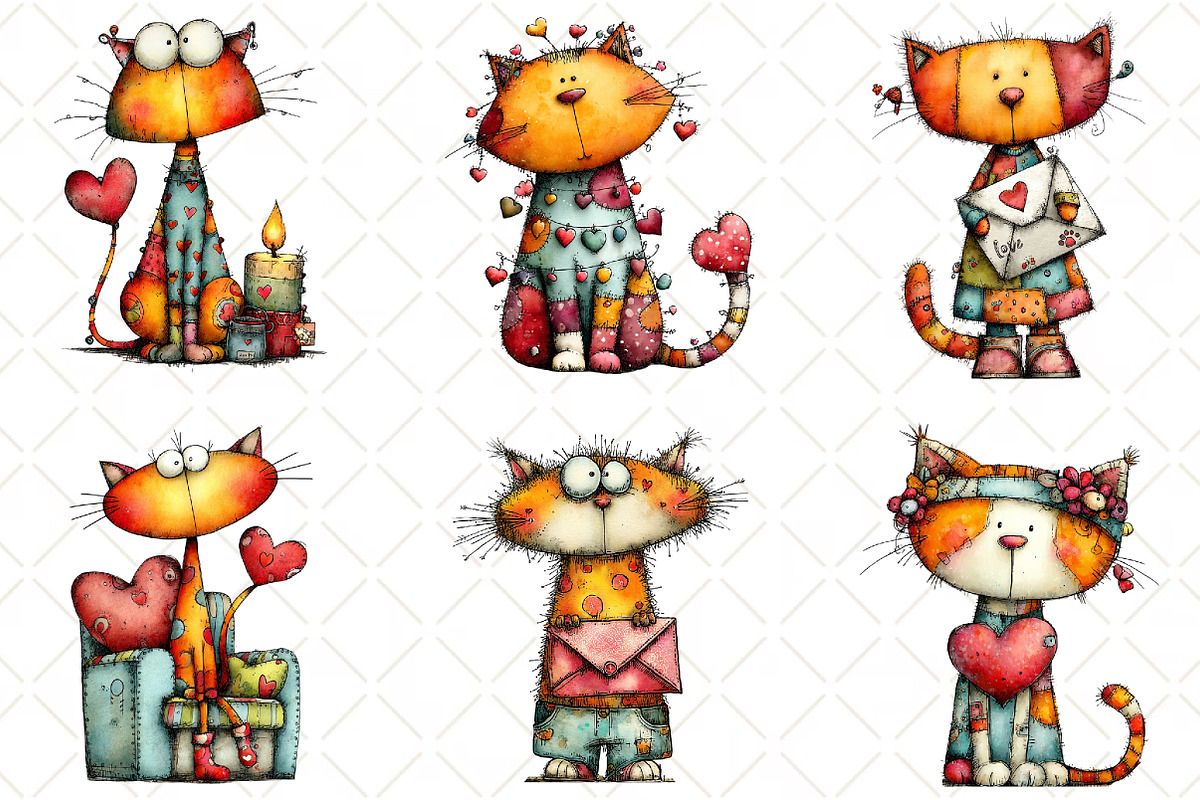 Quirky Valentine Cats Clipart, an Animal Illustration by Black Bird Studio (Photo 2 of 6)