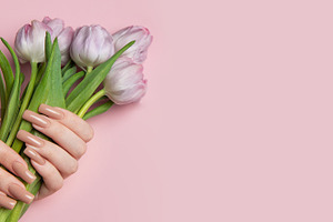 Woman hands with perfect manicure holding beautiful bouquet of p, a Beauty & Fashion Photo by Olena Rudo