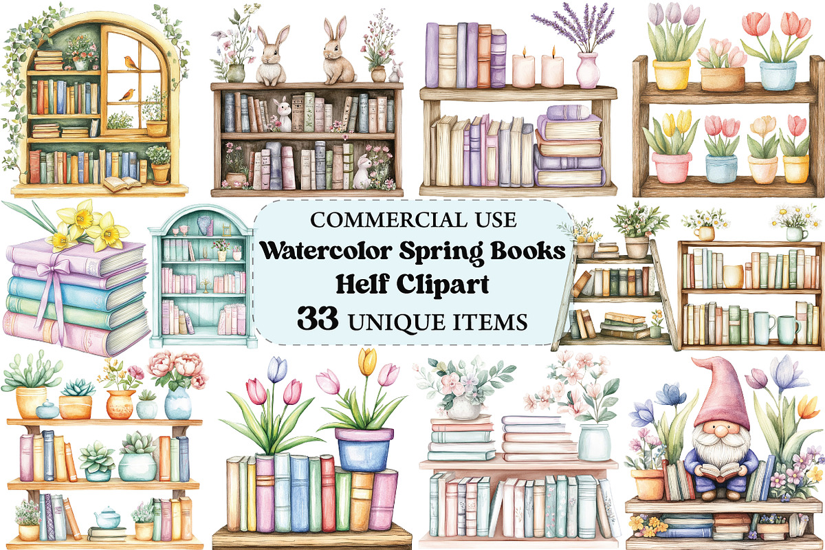 Watercolor Spring Bookshelf Clipart, an Illustration by Craft Nest (Photo 1 of 4)