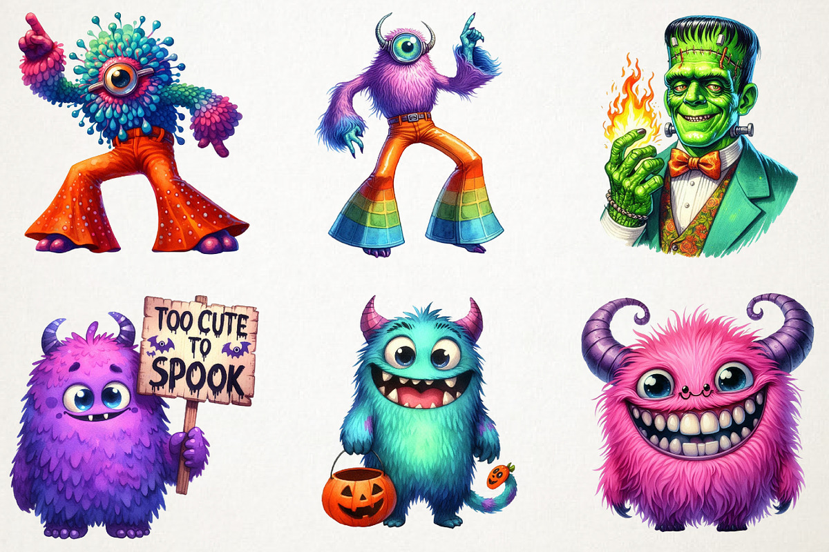 Cute Halloween Retro Monsters PNG, an Illustration by RobertsArt (Photo 5 of 7)