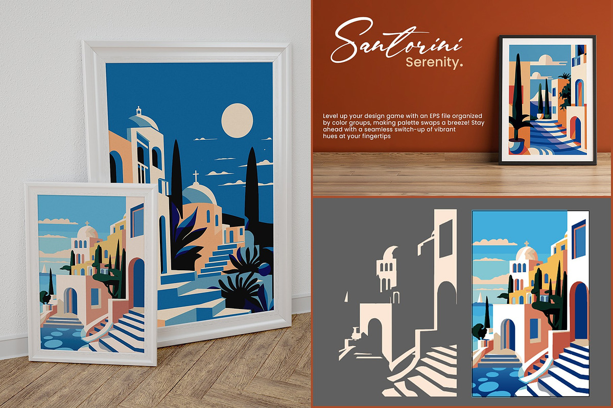 Flat Vector Santorini Serenity Print, a Background Graphic by Vibrand Studio (Photo 9 of 9)