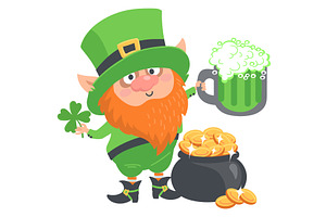 Funny leprechaun with shamrock leaf, a Person Illustration by Vectorbuum