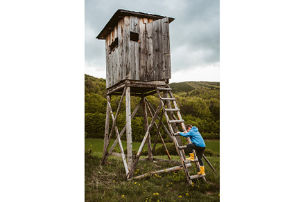 Boy on ladder of hunting blind, a Sports & Recreation Photo by HalfPoint