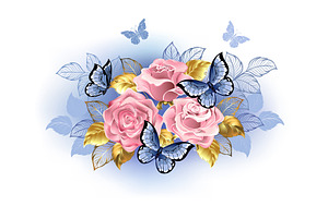 Three Pink Roses With Butterflies