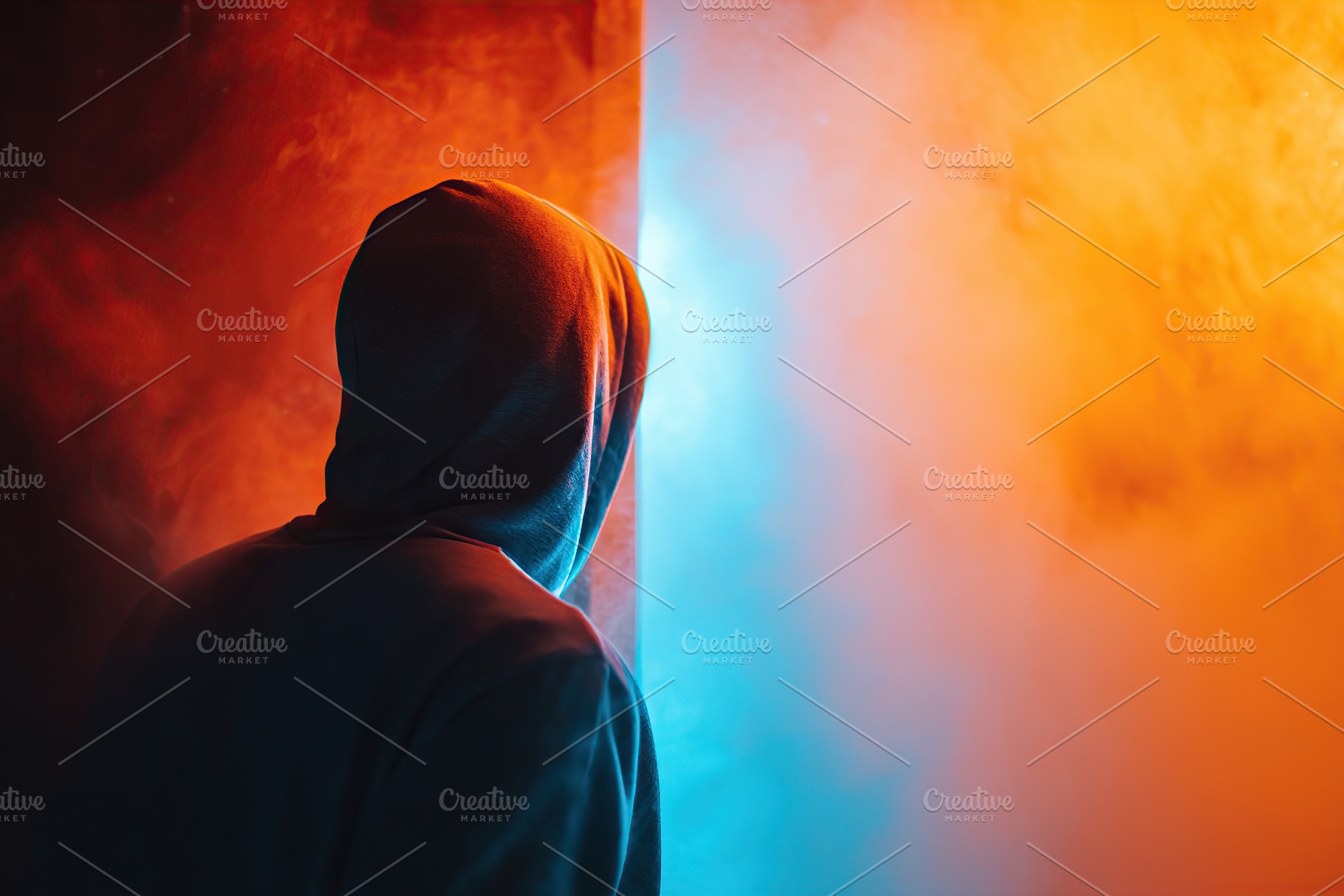 Man in hoodie opens a door illuminated by contrasting blue and orange light wit, a Person Photo by AlyaAnd