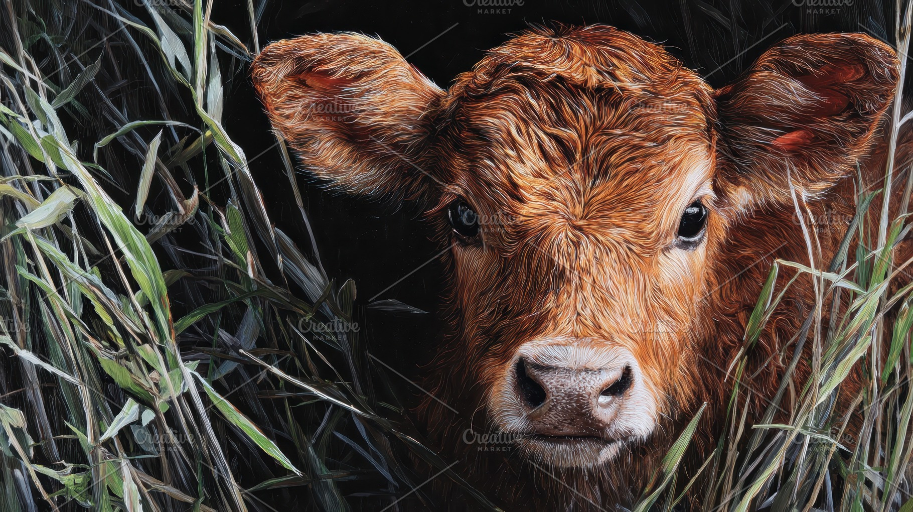 Calf peeking through tall grass, a Photo by Pavel_design
