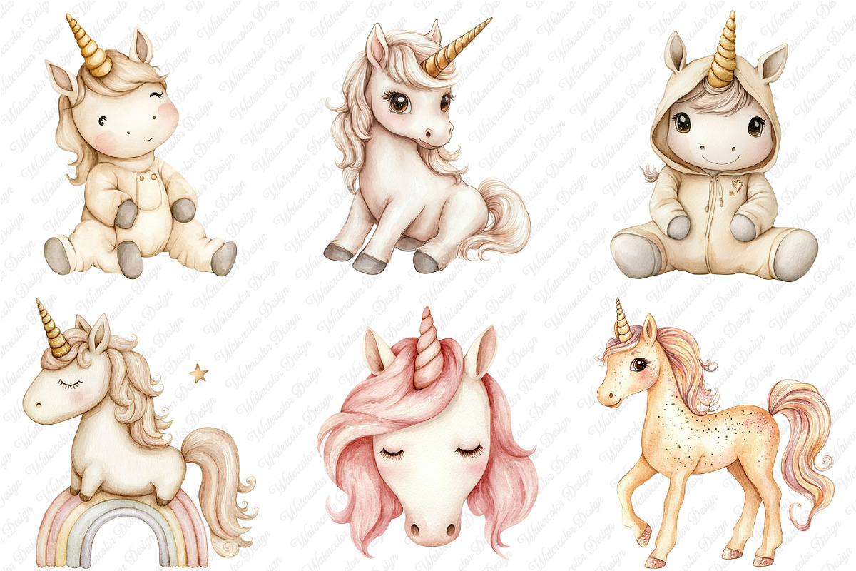 Neutral Unicorn Clipart, an Illustration by Watercolor design (Photo 3 of 12)
