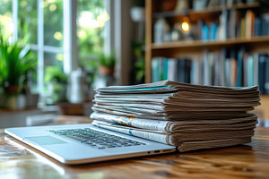 Laptop resting on a table next to a, a Photo by Tanuart