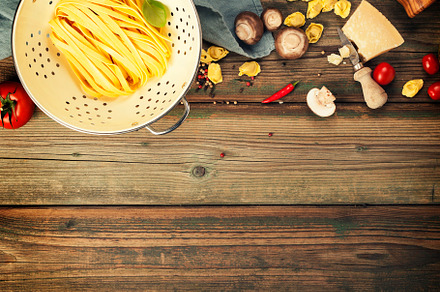 Cooking background with fresh pasta tagliatelle and mushrooms flat lay copy spa, a Food & Drink Photo by Natalia Klenova's Shop