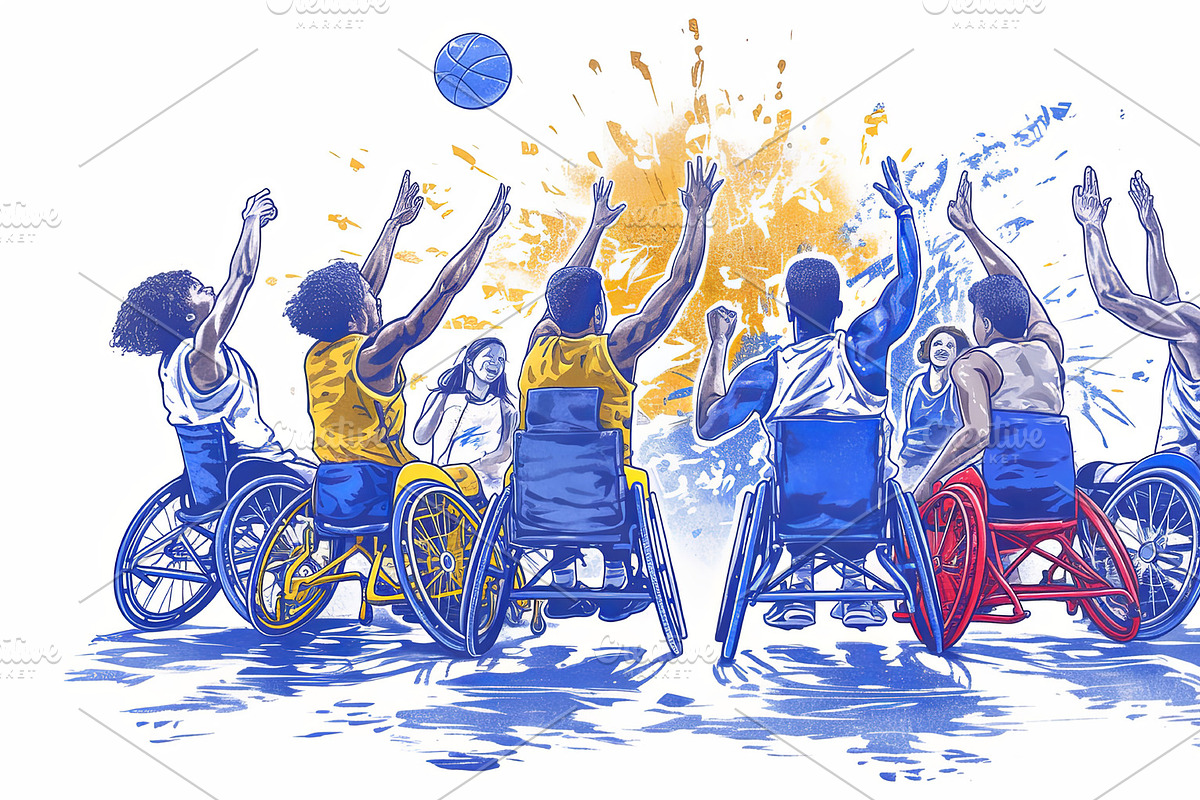 Wheelchair basketball team playing an exciting game on a dynamic court, an Illustration by AS photostudio