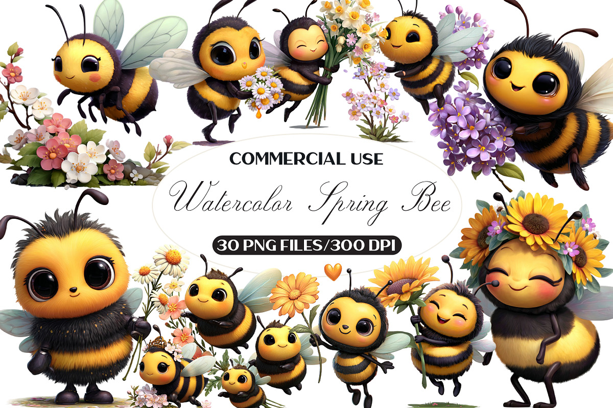 Watercolor Spring Bee Clipart, an Illustration by Black Bird Studio (Photo 1 of 5)