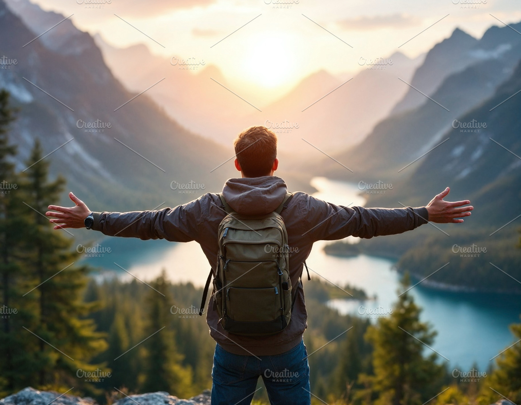 Hiker stands with arms wide open, a Person Photo by Volff