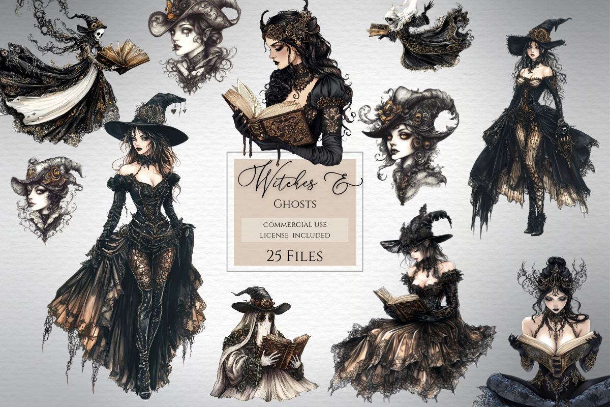 Reading ghost and Victorian witch, an Object Graphic by Invite to Clipart (Photo 1 of 7)