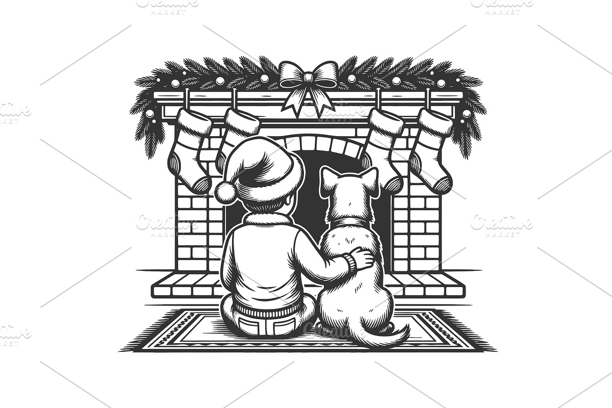Child and Dog by Christmas Fireplace, an Illustration by AlexArt