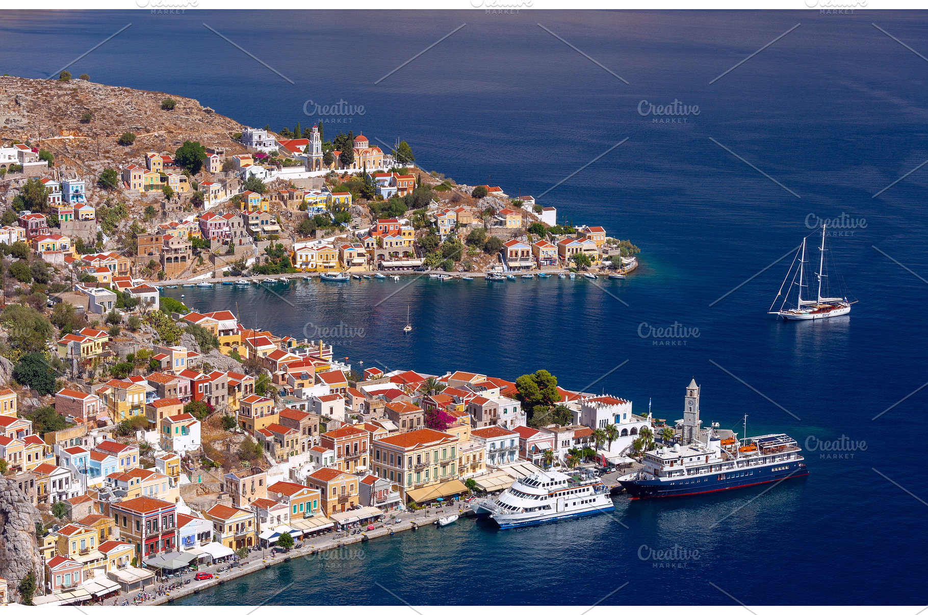 Cruise ship in Symi harbor with, an Architecture Photo by kavalenkava