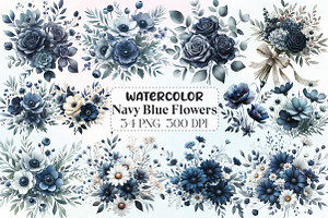 Watercolor Navy Blue Flowers Clipart, an Icon by CraftArtStudio