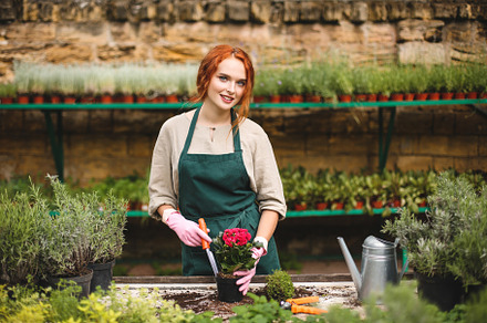 Beautiful florist in apron featuring dreamy, portrait, and gorgeous