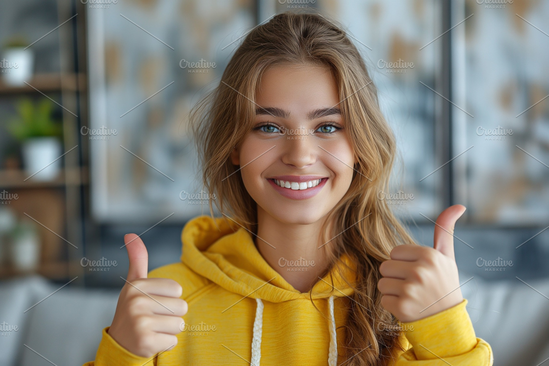 A cheerful young woman with long blond hair gives a thumbs-up in a cozy indoor, a Person Photo by ImageMir