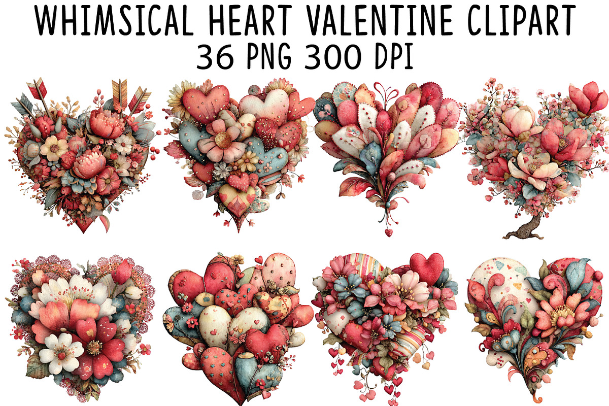 Whimsical Heart Valentine Clipart, an Illustration by CraftArtStudio (Photo 1 of 6)