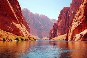 Serene river flowing through red rock canyons, a Nature Photo by AlyaAnd
