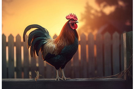 Rooster on fence. Generate Ai, an Animal Photo by Ylivdesign
