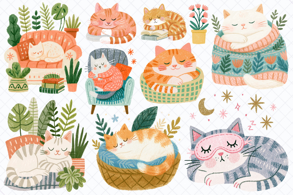 Cozy Sleeping Cats Clipart Bundle, an Animal Illustration by Whimsy Brush Studio (Photo 5 of 10)